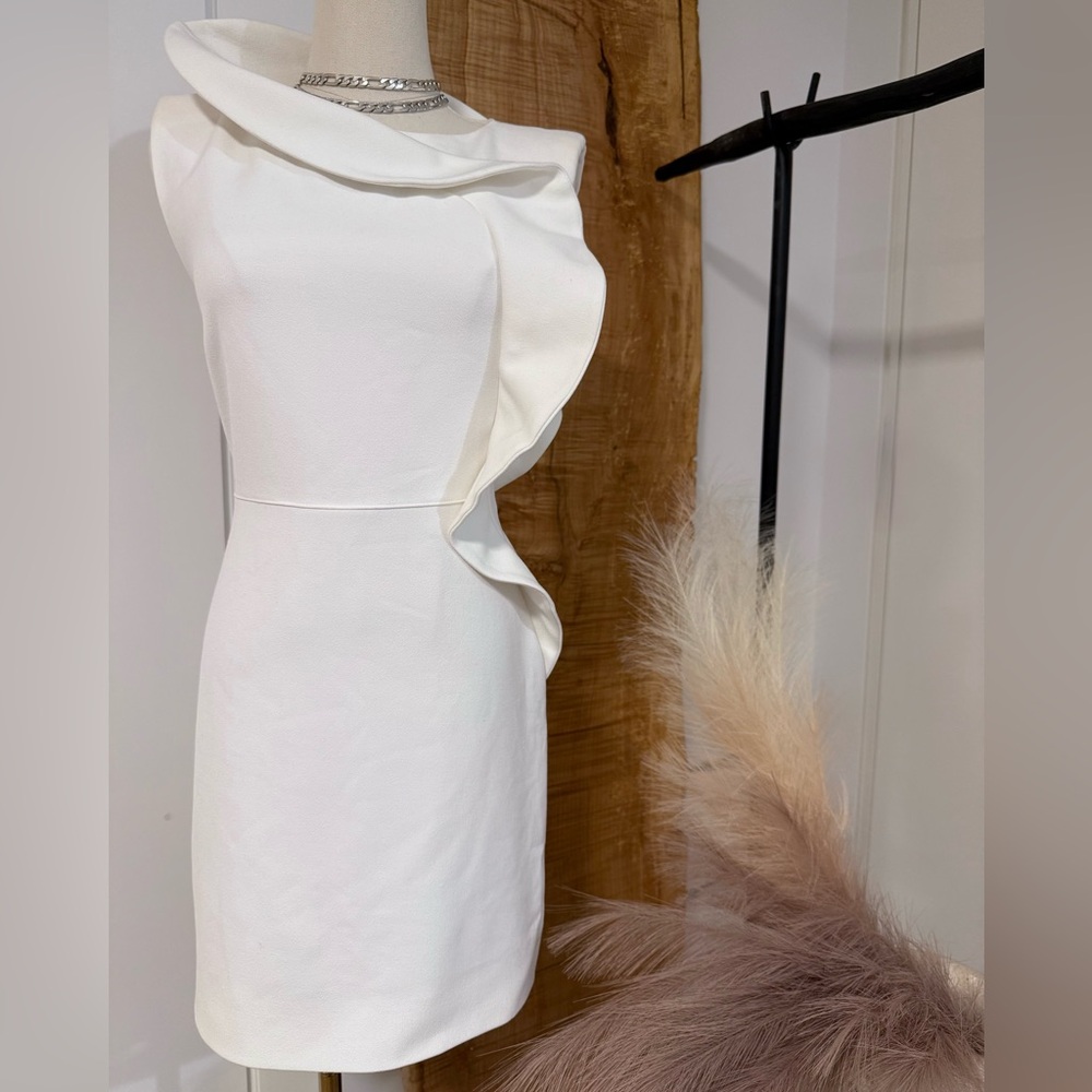 Maje White Asymmetrical Ruffled Sheath Dress